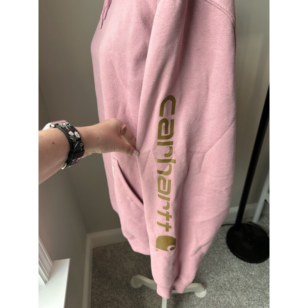 Carhartt Womens Loose Fit Graphic Sleeve Hoodie Pink Gold Logo Size Large - Picture 4 of 6